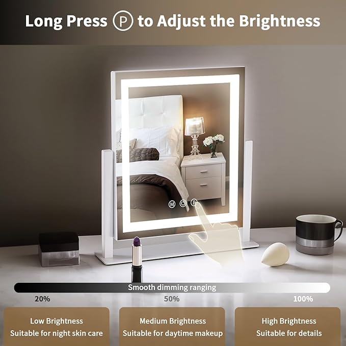 Lighted Makeup Mirror with Smart Touch, 3 Color Modes & Stepless Dimming, for Desk Bedroom Dressing Room, LED Vanity Mirror 13.2" H x 11.2" W
