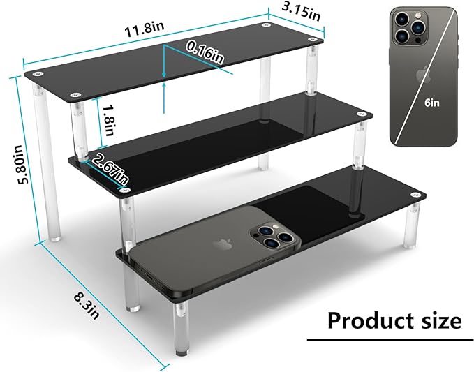 Acrylic Riser Black Acrylic Shelf Riser 3 Tier Perfume Organizer Cologne Display Stand Large Cupcake Stand Shelf for Funko POP Desserts Holder Collection Cosmetic Products Tabletop Use 12"X8"X6"