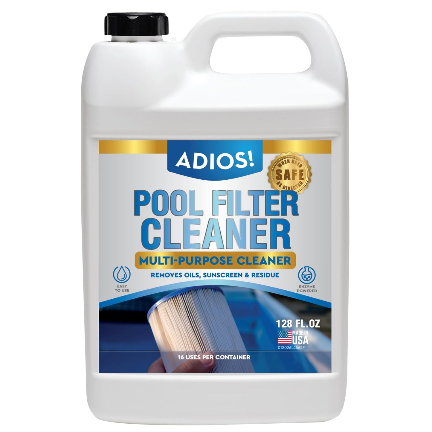 ADIOS! Pool Filter Cleaner, Deep Cleaning Soak Solution for Cartridge, Sand and DE Filters – Degreases and Restores Media - 128oz (Gallon)