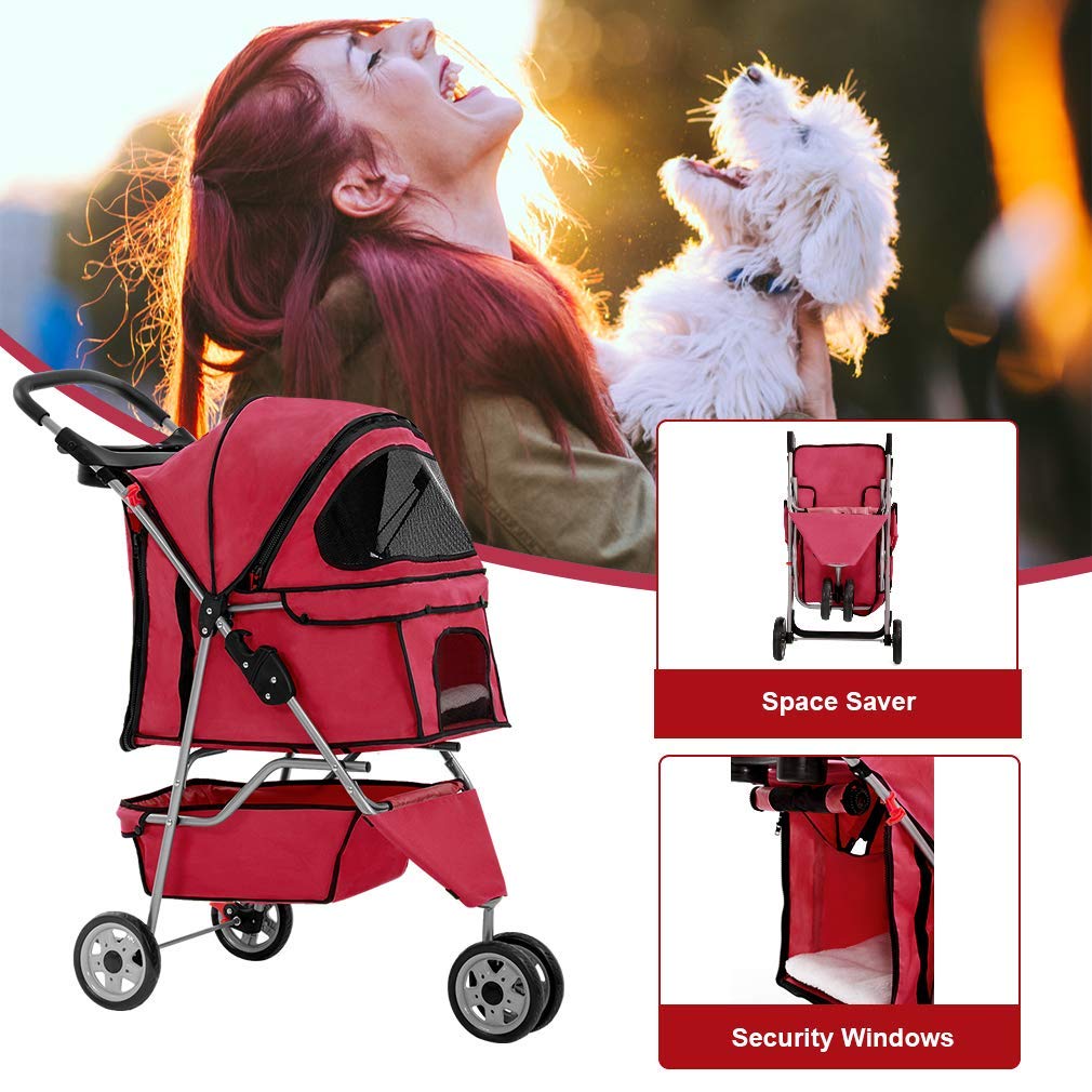 BestPet 3 Wheels Pet Dog Stroller Cat Cage for Medium Small Dogs Cats Travel Folding Carrier Waterproof Puppy Stroller with Cup Holder & Removable Liner,Red