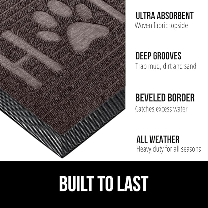GORILLA GRIP 100% Waterproof All-Season WeatherMAX Doormat 35x23, US Designed Natural Rubber, Stain and Fade Resistant, Low Profile Indoor Outdoor Door Mats, Easy Clean Patio Mat, Espresso Home Paw