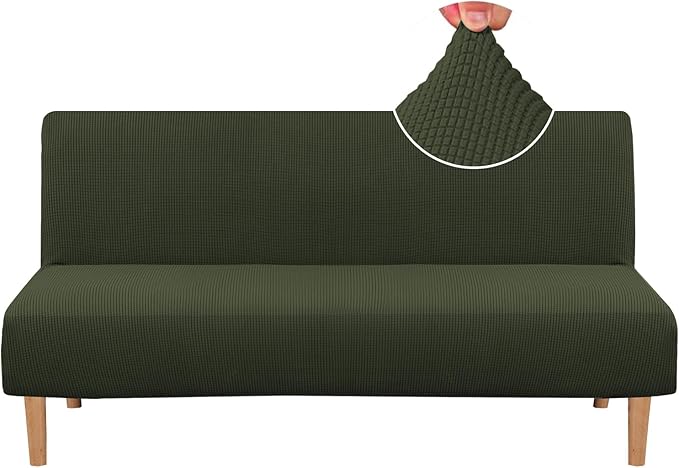H.VERSAILTEX Armless Futon Cover Stretch Sofa Bed Slipcover Protector Elastic Feature Rich Textured High Spandex Small Checks Jacquard Fabric Futon Cover, Machine Washable, Olive