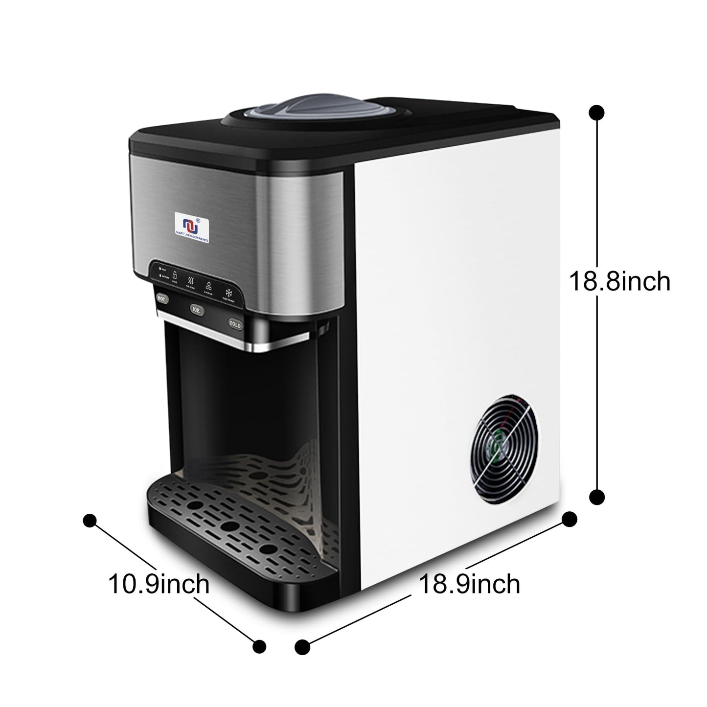NUNET 3-in-1 Ice Maker Water Dispenser Water Cooler Filled by Water Line w. 10ft Water Inlet Hose 1/2" &1/4" Connector Hot/Cold Water Ready Makes 44 lbs Ice Daily Stores 4lb Ice