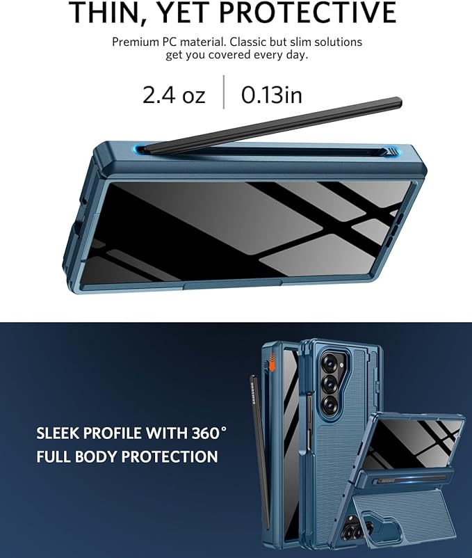 NINKI for Samsung Galaxy Z Fold 6 Case with S Pen Holder & Invisible Kickstand,Built in Privacy Screen Protector and Hinge,Shockproof Phone Cover for Samsung Z Fold 6 Case with Slim S Pen Slot – Blue