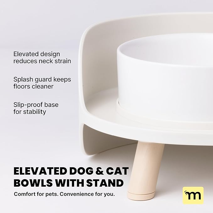 MalsiPree Dog Bowls Elevated & Pet Bowls - Small, Sand Beige - 45° Tilt Stand with Splash Guard - Dog Feeding Station with Ceramic Dishes for Food & Water