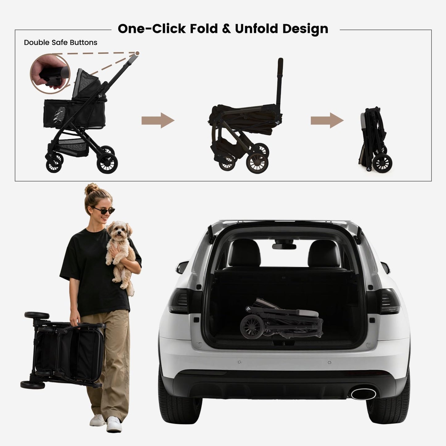 Foldable Dog Stroller for Small Dogs Cats Portable Compact Stroller for Pets Up to 35lbs One Click Folding Travel Pet Carriage with Convertible Canopy, Storage Basket - Black