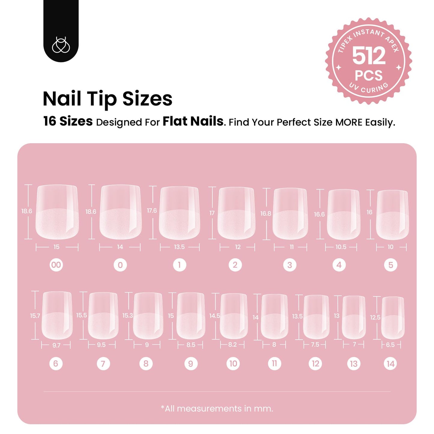 Beetles Tipex Instant Apex Nail Tips, Squoval XS Short Acrylic Nail Tips, Pre-Etched Pre-Building Strong Thick Long Lasting,16 Sizes,512 Pieces