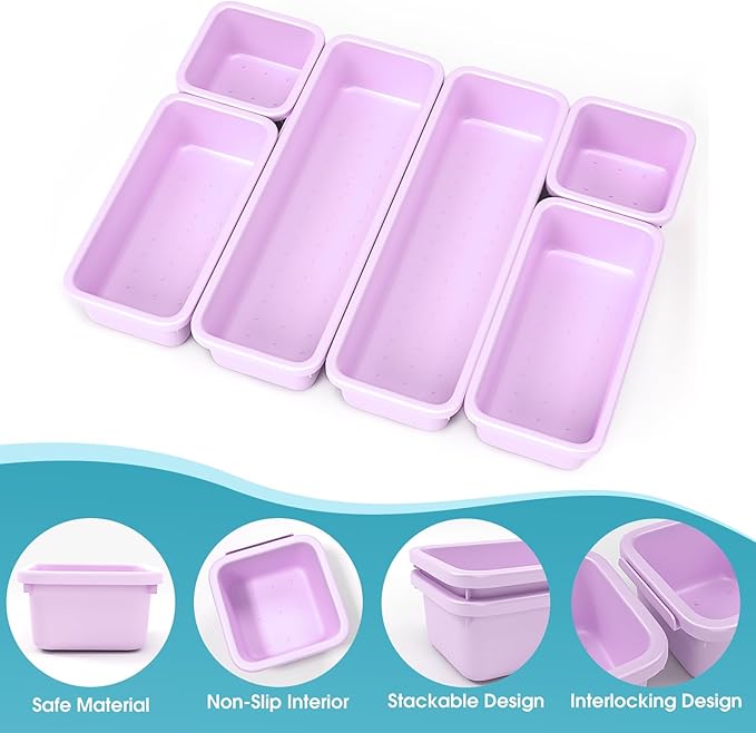 6 PCS Drawer Organizer Set, 3 Size Makeup Drawer Divider Organizer With Non-Slip Pads, Interlocking Plastic Storage Bins for Office,Jewelry Vanity,Gadgets, Bathroom,Kitchen, Purple