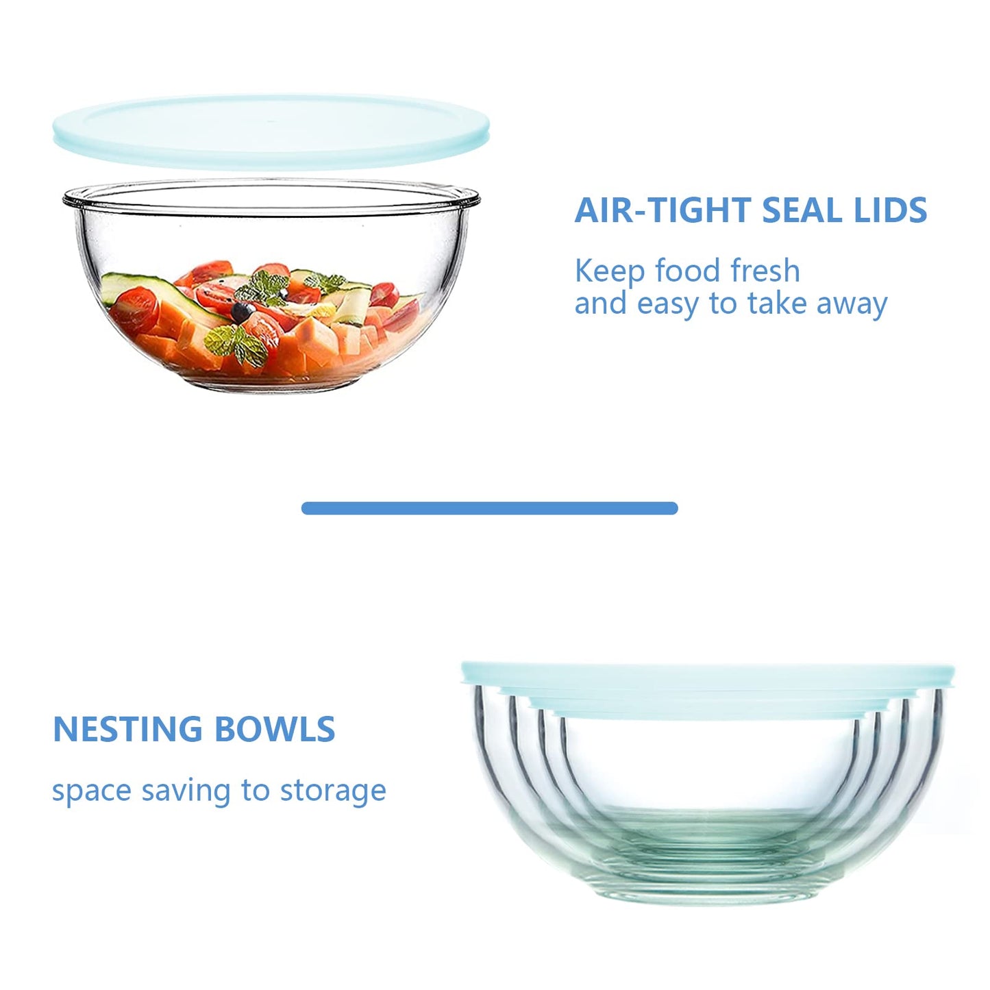 WhiteRhino 8 Piece Glass Bowls with Lids, Heat Resistant Glass Mixing Bowls Set (3.7QT, 2.1QT, 1.1QT, 0.53QT), Clear Salad Bowls with BAP-Free Lids for Kitchen, Oven Microwave Dishwasher Safe