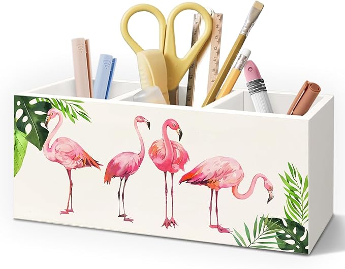 Tropical Pink Flamingo Wood Makeup Brush Toothbrush Holder Organizer for Vanity Bathroom,Pink Flamingo Gifts for Women,Girly Aesthetics Wooden Pen Pencil Holder for Desk Accessories