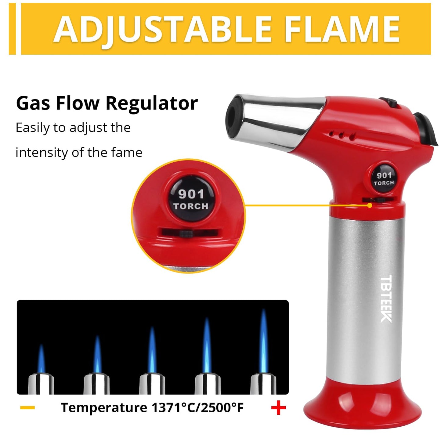 TBTEEK Butane Torch T901, Kitchen Torch Cooking Torch with Safety Lock & Adjustable Flame for Cooking, BBQ, Baking, Brulee, Creme, DIY Soldering(Butane Not Included), Red