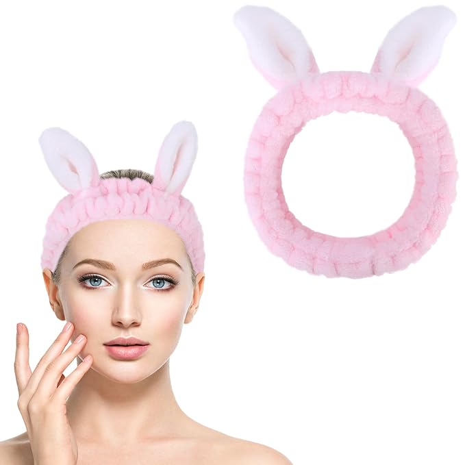 Cute pink Rabbit Ears Headband Frog Eye Elastic to Wash Face for Women Makeup Shower Spa (1 Pack)