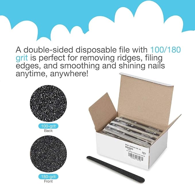 Flowery Disposable Nail File Black Wood CORE SIL/CARB 100 Files per Box