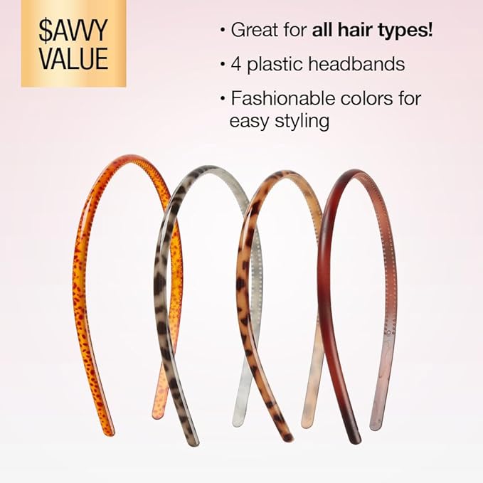 Scunci by Conair Effortless Beauty Skinny headband -plastic Headbands for Women and Men - hair accessories for women - Assorted Tortoise - 4 Count
