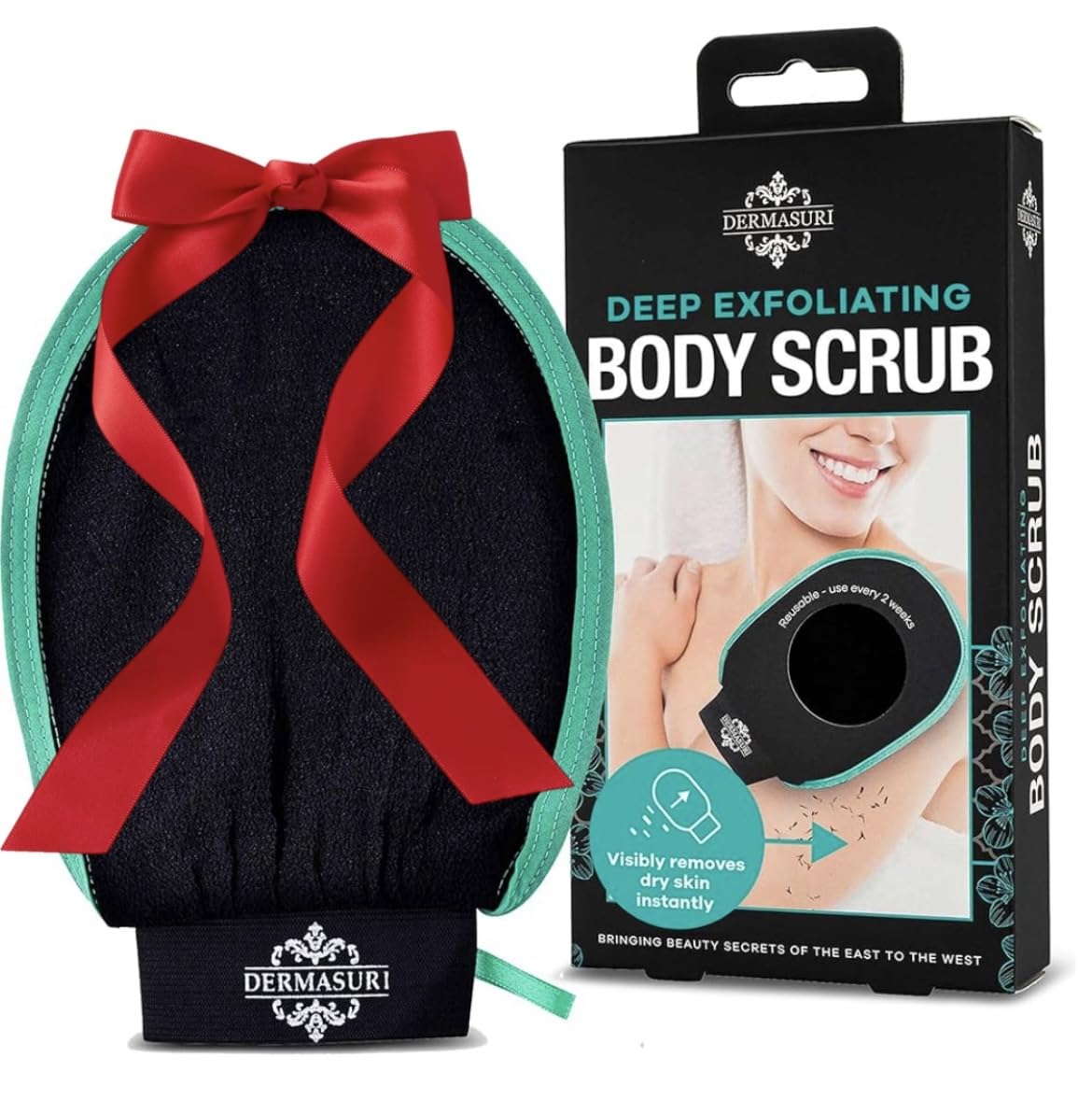 Dermasuri - Deep Exfoliating Glove - Korean Exfoliating Mitt & Body Scrubber - Keratosis Pilaris Treatment Scrub - Self Tanner Mitt & Ingrown Hair Exfoliator - Shower Gloves for Women & Men - Teal