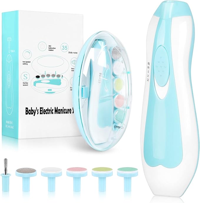 Electric Nail File Drill for Baby No Sharp Claws Hurt, 6 in 1 Safety Cutter Trimmer Clipper for Toes and Fingers (Blue)