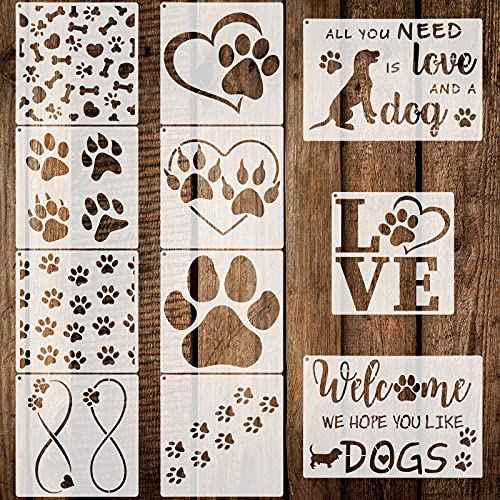 Outus 11 Pieces Dog Paw Print Stencils Trail of Paw Prints Stencil Love Dog Reusable Painting Templates with Metal Open Ring for DIY Scrapbooks Painting on Wood Wall Home Supplies