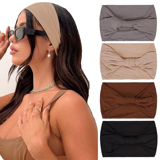 Kahanaa 4 Pcs Wide Headbands for Women Soft Stretchy Turban Headband Hair bands Head Bands Hair Wraps With Twisted Knots for Yoga Workout