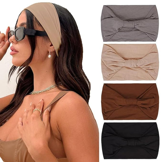 Kahanaa 4 Pcs Wide Headbands for Women Soft Stretchy Turban Headband Hair bands Head Bands Hair Wraps With Twisted Knots for Yoga Workout