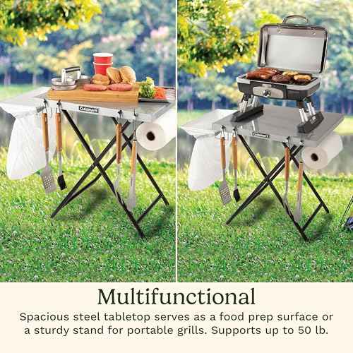 Cuisinart Fold ¡®n Go Prep Table, Portable Folding Table and Grill Stand with Tool hooks, Trash Bag Holder, Paper Towel Rack, 24¡± x 20¡± Steel Food Prep Station Perfect for BBQs, Tailgates and Camping