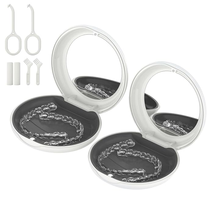 2 Pack Retainer Case with Mirror, Compatible with Invisalign, Slim Aligner Case for Travel, Includes Removal Tools, Seaters & Brush, Magnetic Secure Closure Retainer Box - White