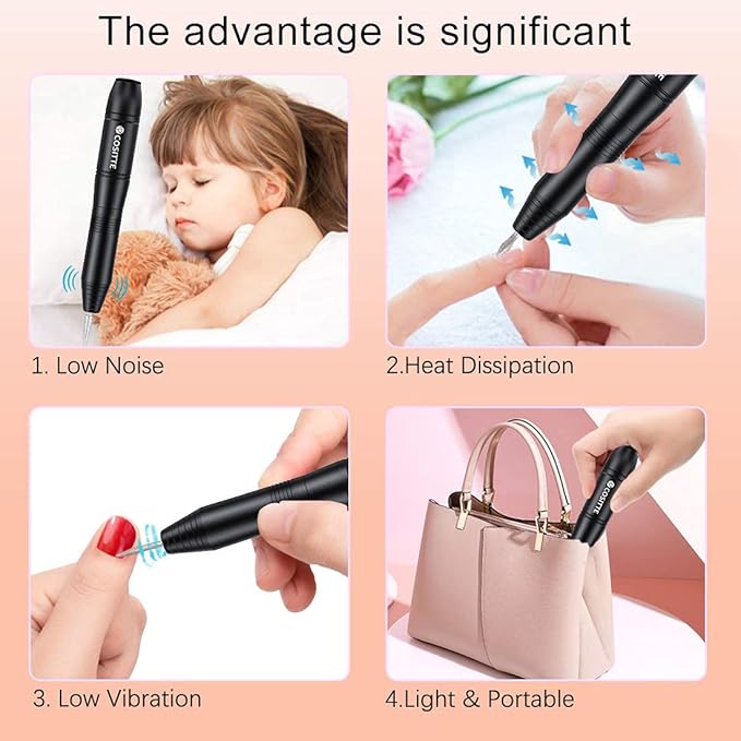 Electric Nail Drill, USB Electric Nail Drill Machine for Acrylic Nails, Portable Electrical Nail File Polishing Tool Manicure Pedicure Efile Nail Supplies for Home and Salon Use Black