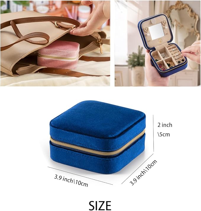 Plush Velvet Travel Jewelry Case, Travel Jewelry Organizer, Jewelry Travel Case, Travel Jewelry Box, Small Jewelry Case for Women, Jewelry Travel Box, Earring Organizer with Mirror - Navy Blue
