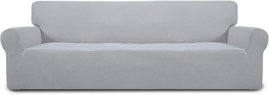 Easy-Going Stretch 4 Seater Sofa Slipcover 1-Piece Sofa Cover Furniture Protector Couch Soft with Elastic Bottom for Kids, Polyester Spandex Jacquard Fabric Small Checks Silver Gray