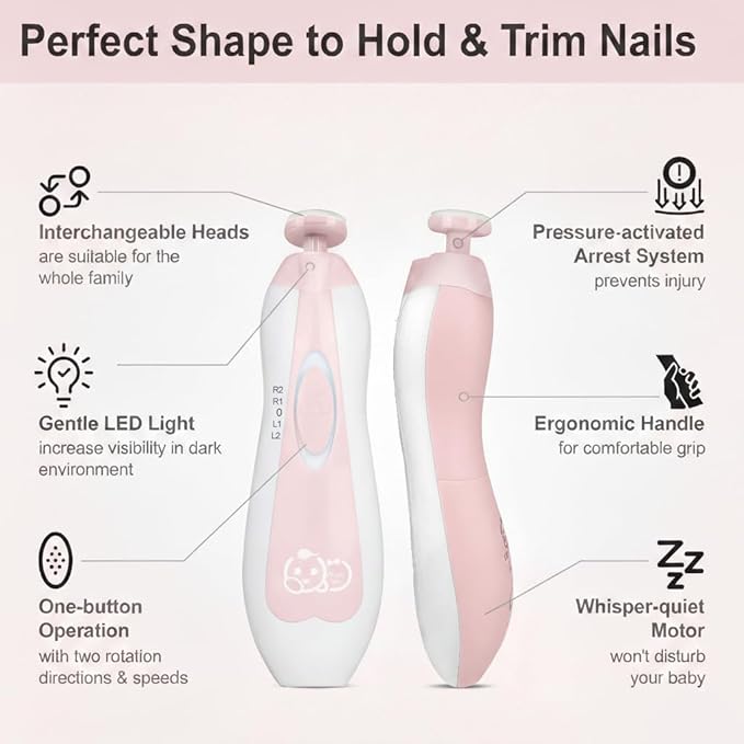 Royal Angels Upgraded 21 in 1 Baby Nail Trimmer with Labeled Case, 13 Extra Replacement Pads, Safe Electric Baby Nail File Kit for Newborns & Toddlers, Whisper Quiet Nail Clipper with LED Light (Pink)