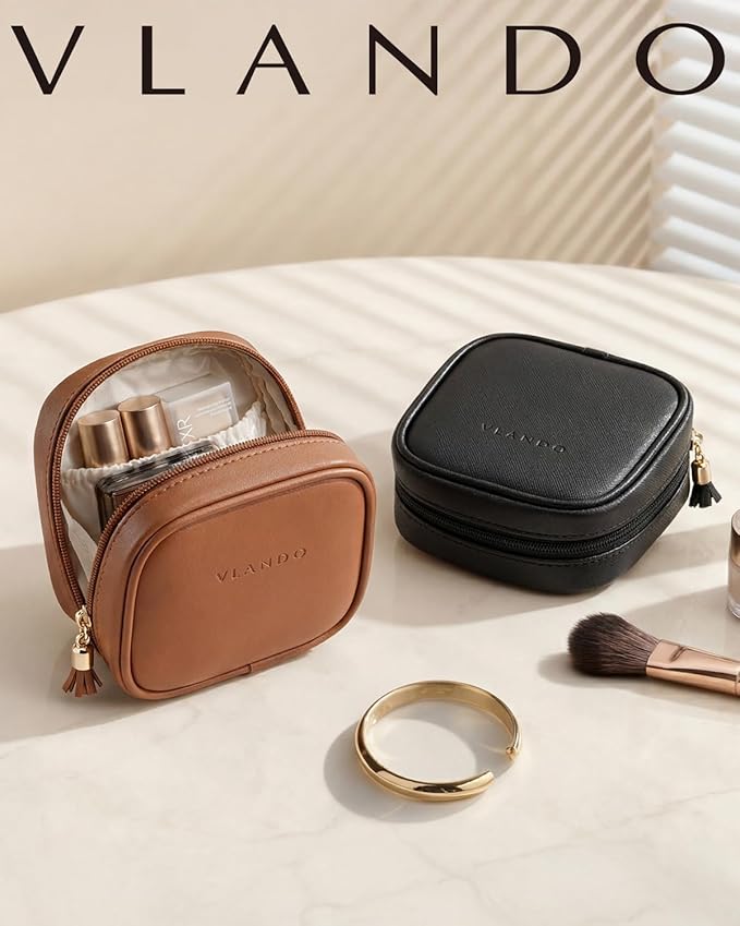 VLANDO Mini Makeup Bag, Small Makeup Bag for Purse with Slip-in Pockets, Portable Travel Toiletry Bag with Zipper, Waterproof Travel Essentials for Women-Dark Brown