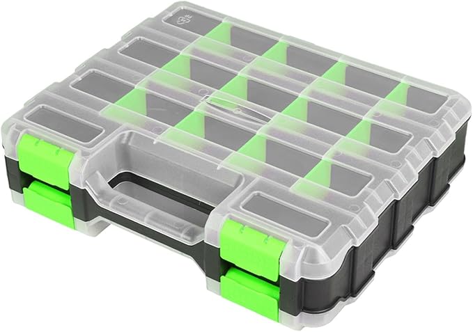 Tool Box with Transparent Lid, Double Side 34-Compartments Organizer Box with Removable Dividers for Hardware, Screws, Bolts, Nails, Beads, Jewelry and Fishing Accessories, Green, 1 Pack