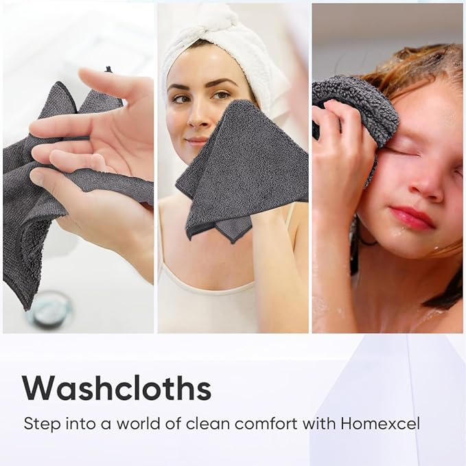 HOMEXCEL Microfiber Washcloths 24 Pack, Highly Absorbent and Soft Face Towel, Multi-Purpose Grey Wash Cloths for Bathroom, Hotel, Spa, Gym, and Kitchen, 12x12 Inch