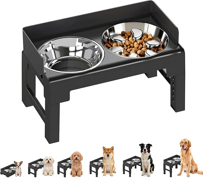 PAKEWAY Elevated Dog Bowls, Spill Proof, Tiltable Pet Feeder with 1 Stainless Steel Bowl &1 Stainless Steel Slow Feeder Bowl, 6 Height Adjustable Raised Bowls Stand for Medium Large Dogs