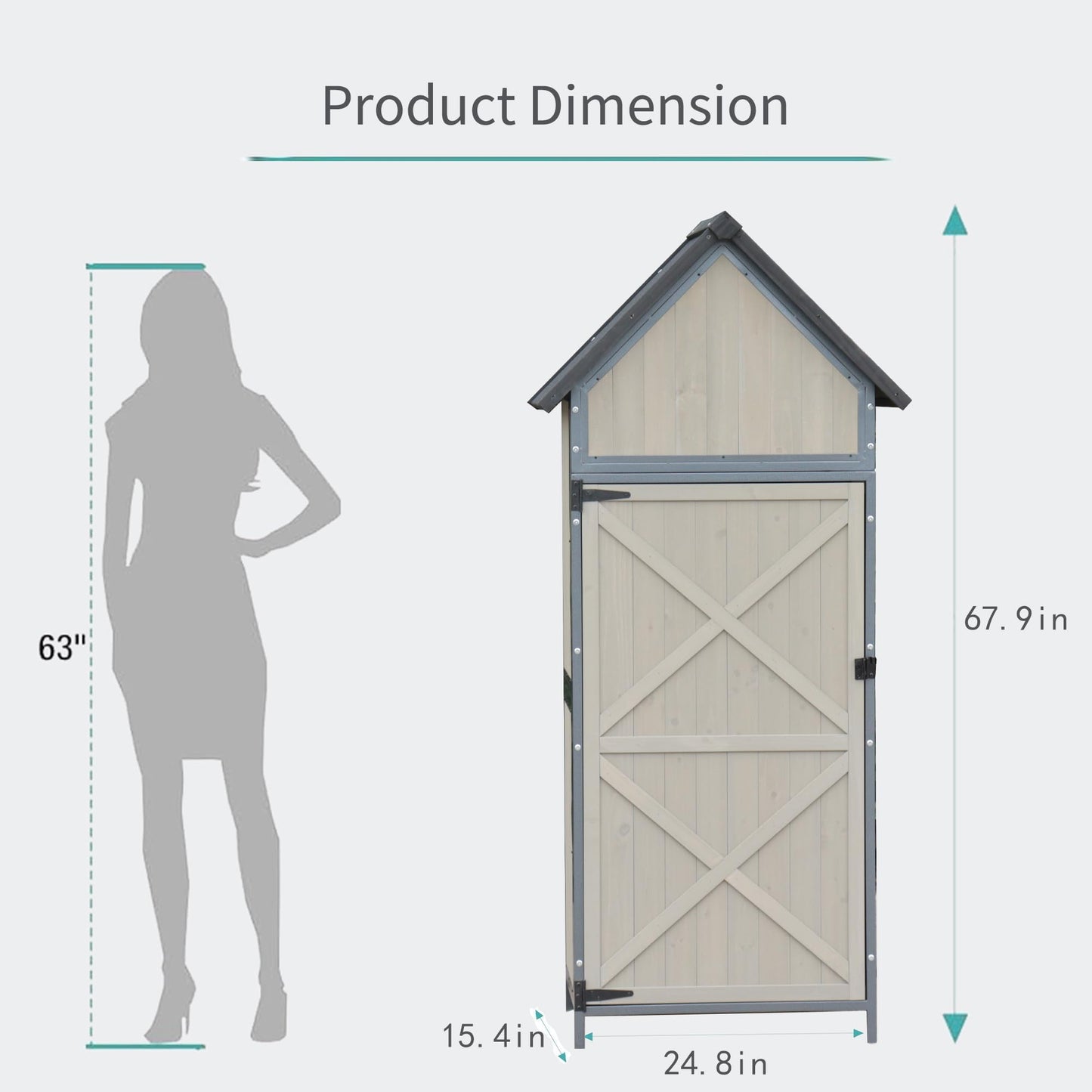 Outdoor Storage Shed with Floor, 68" Tall Wooden Garden Tool Cabinet, Metal-Framed Outdoor Tool Shed with Adjustable Shelves, Vertical Storage for Yard and Patio