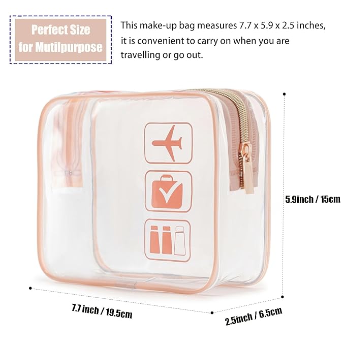 MODENGKONGJIAN TSA Approved Toiletry Bag, 3 Pcs Clear Toiletries Bags Quart Size Travel Makeup Cosmetic Bag for Women Men, Carry on Airport Airline Compliant Bag (Rose Gold)