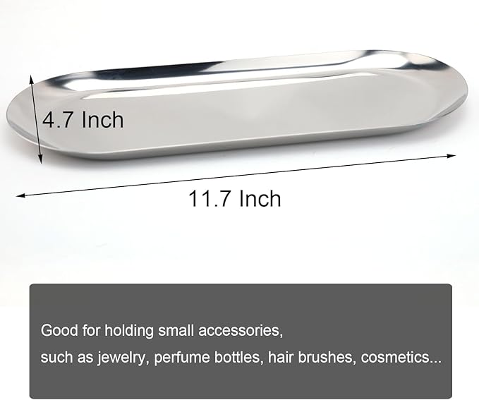 Fermus Stainless Steel Decorative Tray, Set of 2, 12 Inch Long, Jewelry Dish Cosmetics Organizer Bathroom Clutter Serving Platter Small Storage Tray, Oval, Silver