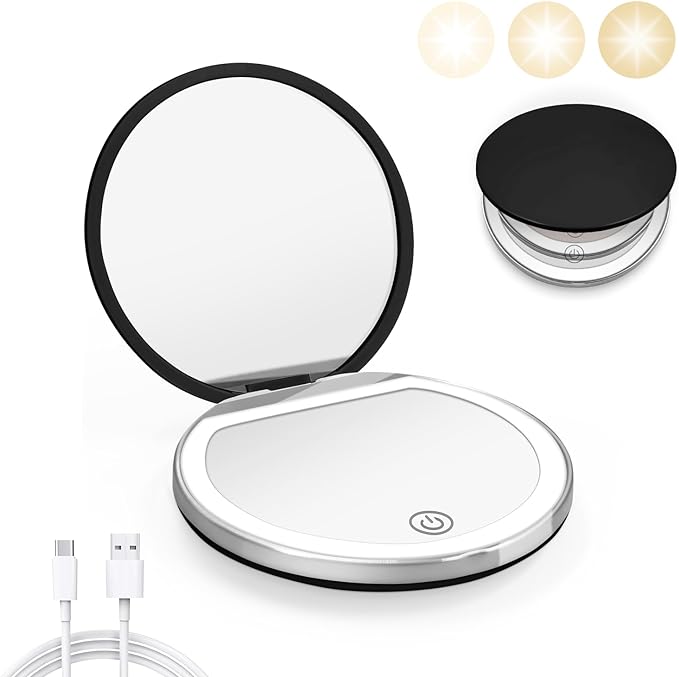 Kakuje Compact Mirror with Light, 1X/3X Magnification LED Pocket Mirror with USB Data Cable,Mini Mirror for Purse, Pocket,Travel and Present (Black)