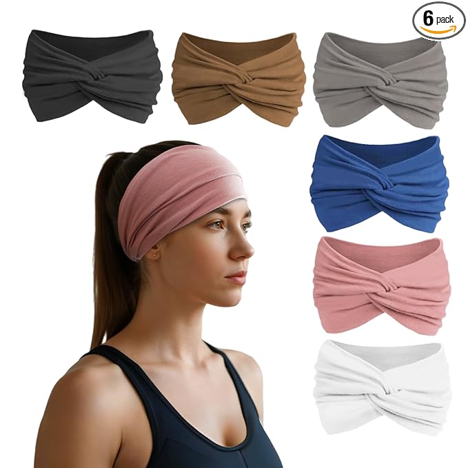 HSEM Headbands for Women, Non Silp Wide Hair Bands, Elastic Thick Head Bands, Stretchy Soft Sports Sweat Bands for Spa Workout Running Gym, Twist Knotted Cotton Cloth Turban Hair Accessories 6Pcs