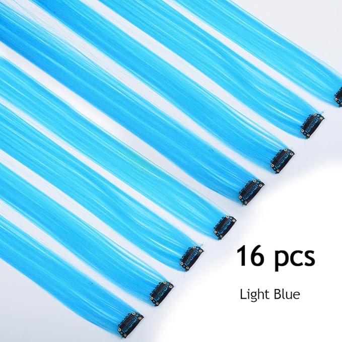 16Pcs Light Blue Clip in Hair Extensions Straight Synthetic Highlights Colored Party Hairpieces for Women Festival Daily Outfits 20 Inch