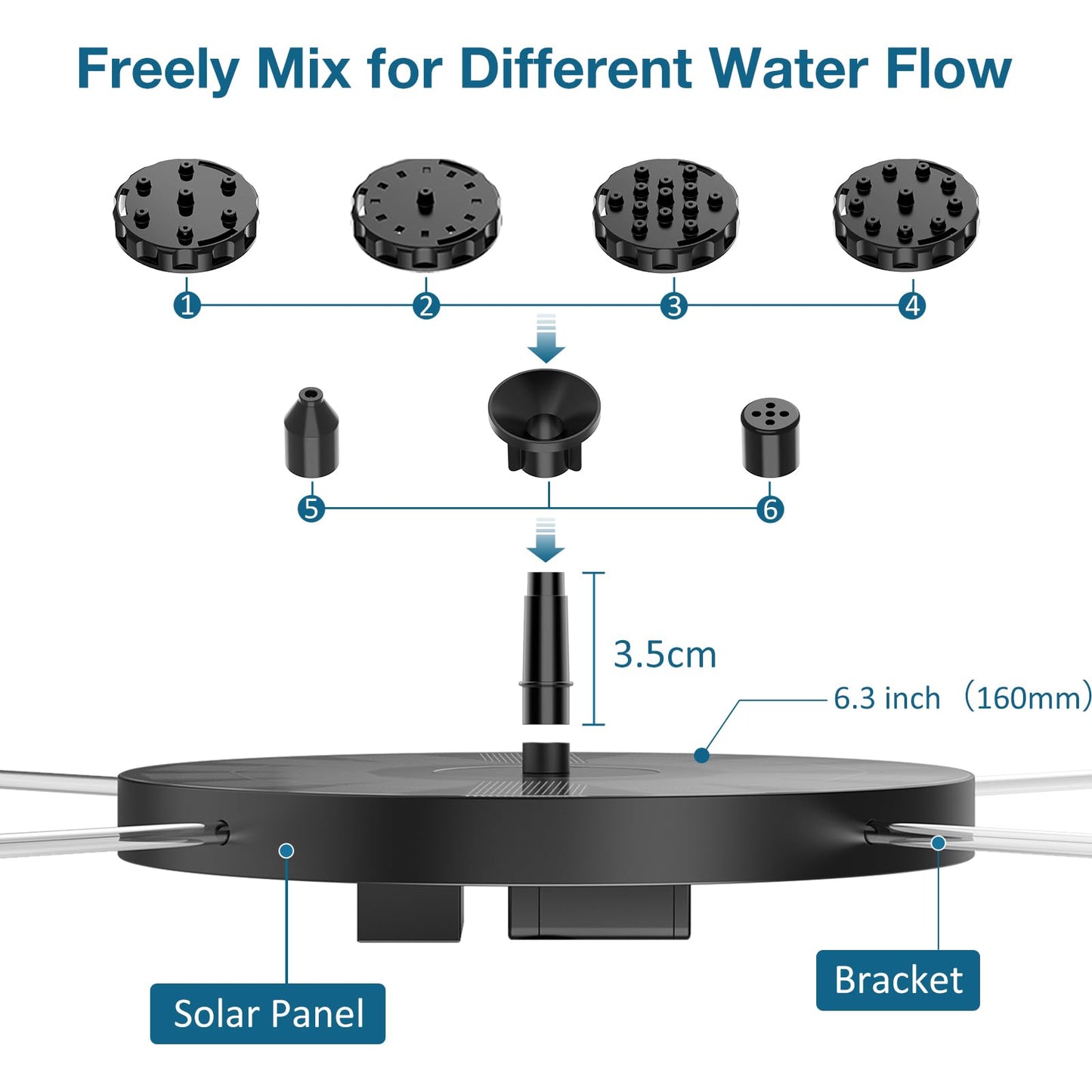 AISITIN 2.5W Solar Bird Bath Fountain, Solar Fountain for Bird Bath with 6 Nozzles, 6.7" Solar Powered Water Fountain for Garden, Ponds, Pool, Fish Tank, Outdoor and Aquarium, 2 Pack