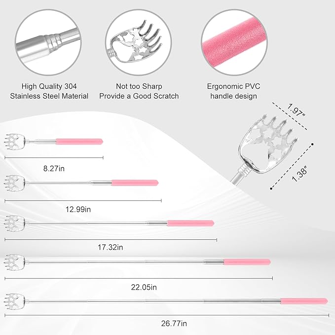 XKOS 4 Pack Different Back Scratcher Portable Telescoping with Rubber Handles, Extendable Metal Back Massager Tool with Beautiful Box, Stocking Stuffers for Men Women Adults (Pink)