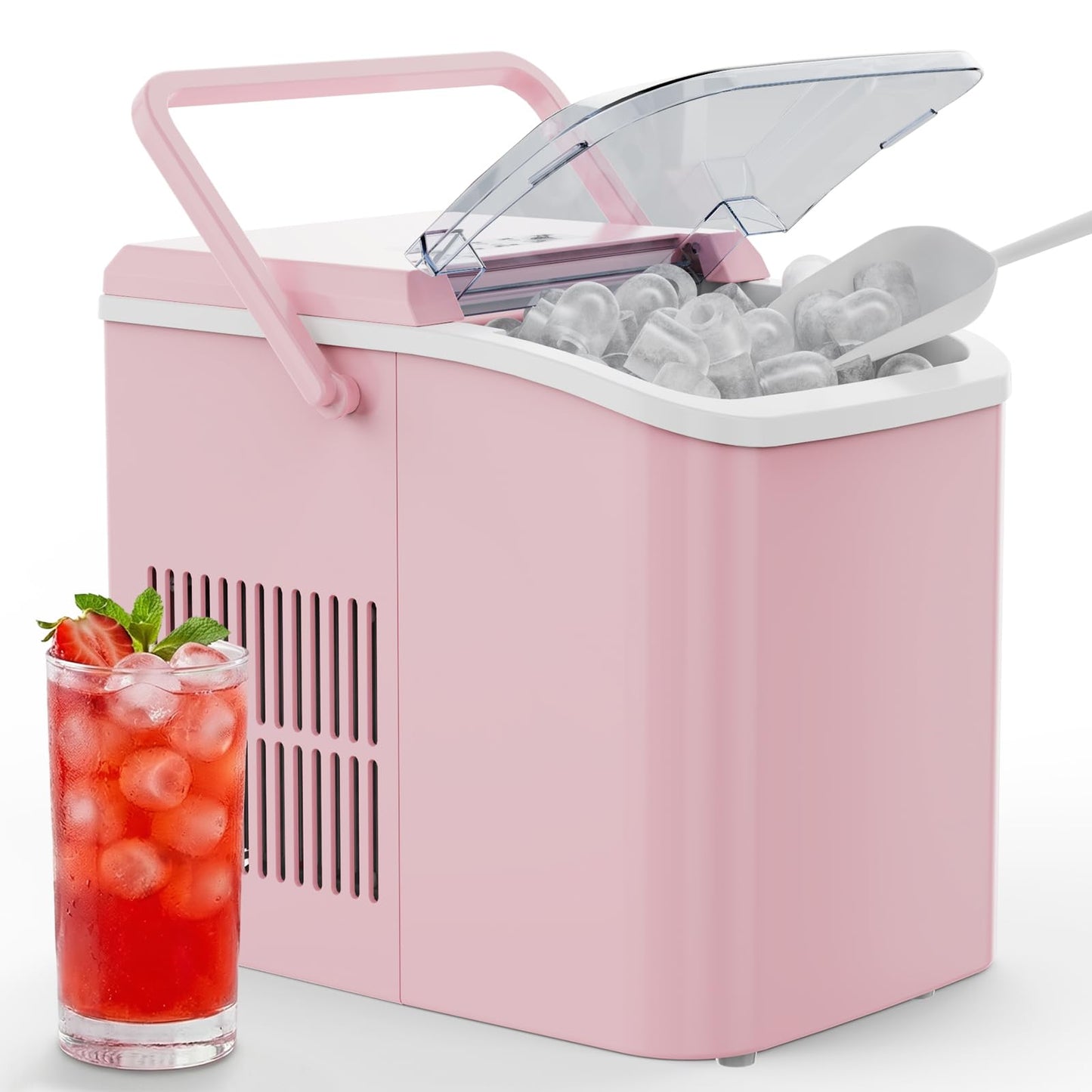 OLIXIS Ice Maker Machine with Handle,26lbs in 24Hrs,9 Ice Cubes in 6 Mins,Auto-Cleaning Portable Ice Maker with Basket and Scoop, Countertop Ice Maker for Home, Kitchen, Camping, RV - Pink