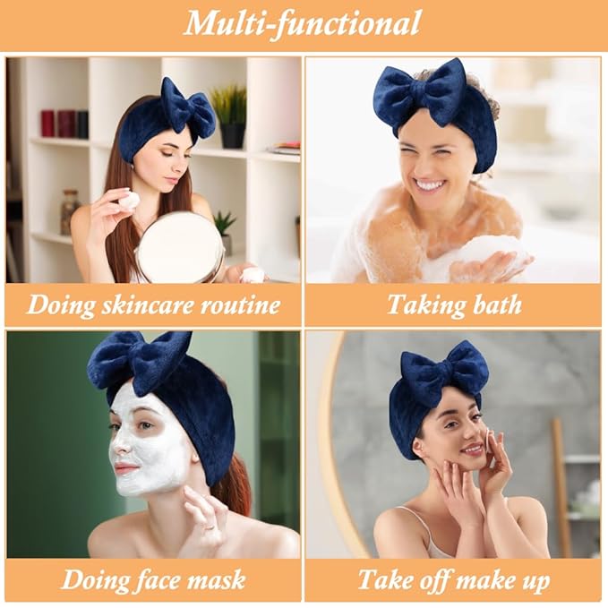 Shintop Face Wash Headband, Soft Spa Headband Carol Fleece Makeup Headwear with Cute Bow Elastic Hairband for Skincare Facial Mask ShowersÃ¯Â¼ÂNavy blueÃ¯Â¼Â
