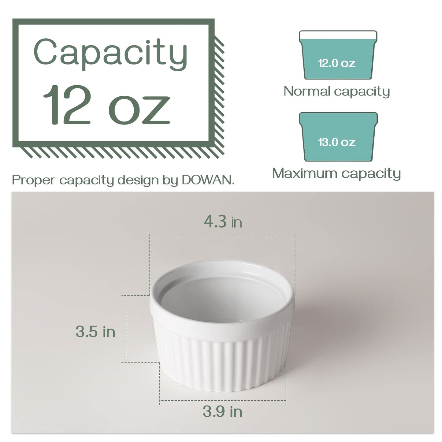 DOWAN Ramekins 12 oz Oven Safe, Creme Brulee Ramekin Souffle Dishes for Baking, Porcelain Samll Bowls for French Onion Soup, Dessert Custard Cups Sauce Dish, Set of 6, Soft White