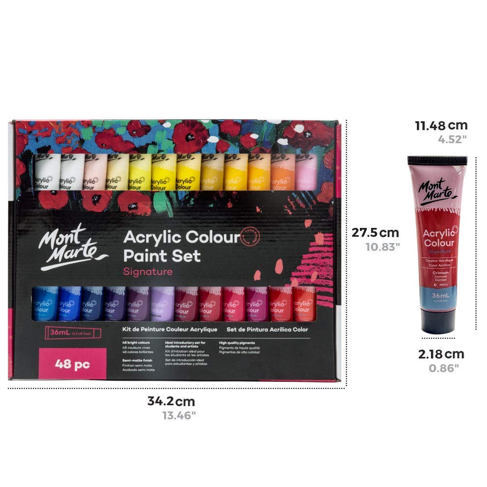 Mont Marte Acrylic Colour Paint Set Signature 48pc x 1.21 US fl.oz (36ml), Acrylic Paint Kit Ideal for Canvas, Wood, Air Dried Clay, Cardboard and More, Great Beginner Acrylic Paint Set, Includes 48 Colors