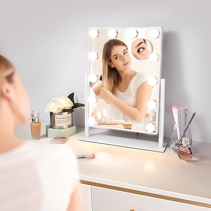 Vanity Makeup Mirror with Lights,3 Color Lighting Modes Detachable 10X Magnification Mirror Touch Control,360°Rotation, White (14.6Inch)
