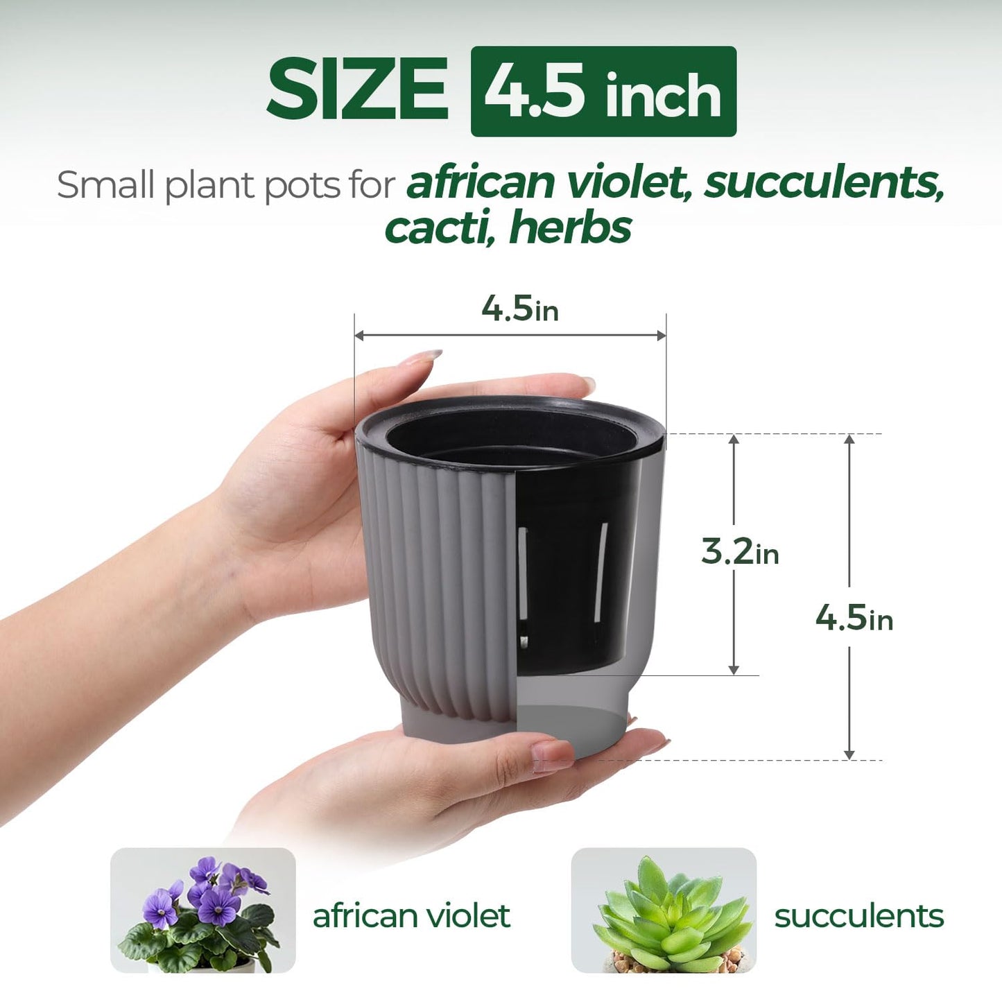 T4U 4.5 Inch Plant Pots Self Watering, 6 Pack African Violet Pots, Small Plant Pots for Plants, Small Indoor Plant Pot, Self Watering Planter for African Violet, Succulents (6 Pack 4.5" Pots, Gray)