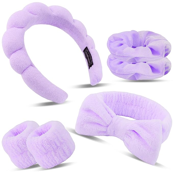 SuPoo Hairband, 6pcs Purple Spa Headband and Wristband Set, Soft Microfiber Material, Perfect Size, Strong Water Absorbent, Multi-Function Use for Skincare, Sports, Yoga, Makeup, Shower