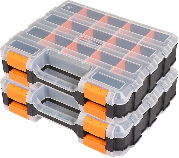 Tool Box with Transparent Lid, Double Side 34-Compartments Organizer Box with Removable Dividers for Hardware, Screws, Bolts, Nails, Beads, Jewelry and Fishing Accessories, Orange, 2 Pack