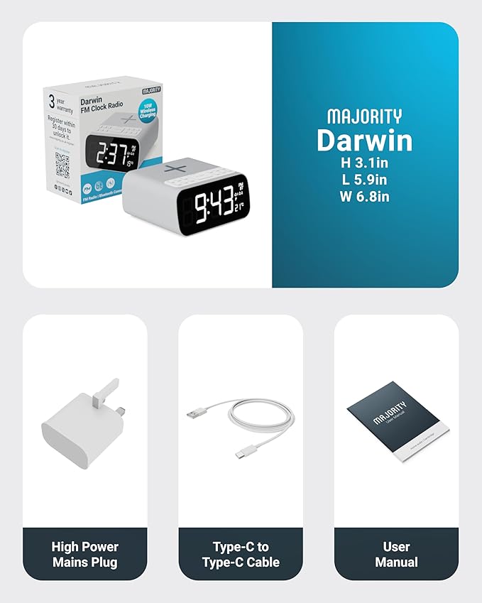 Majority Bluetooth Alarm Clocks with Wireless Charging | Bedside Clock for Bedroom with 10W Power FM Radio | Large Screen Display, Loud Alarm for Heavy Sleepers, and Display Backlit Dimmable Darwin